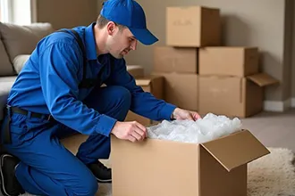 Professional movers unboxing and organizing items in a newly relocated office.