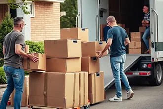 Mover unpacking boxes and organizing a new space.