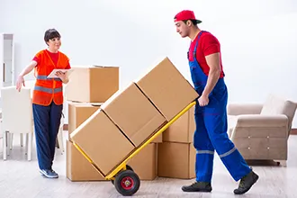 Two movers in red uniforms carrying a large cardboard box, depicting residential moving services.
