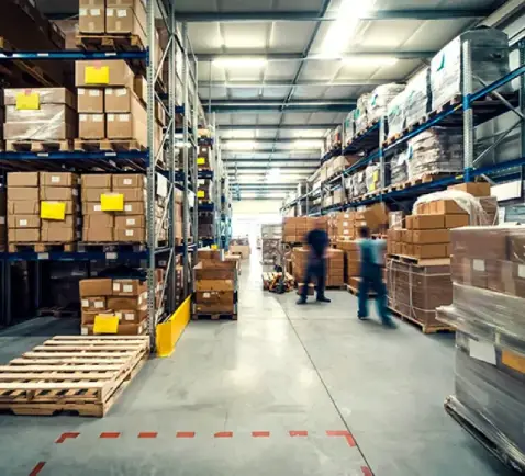 Large warehouse with tall shelves stacked with boxes and organized inventory.